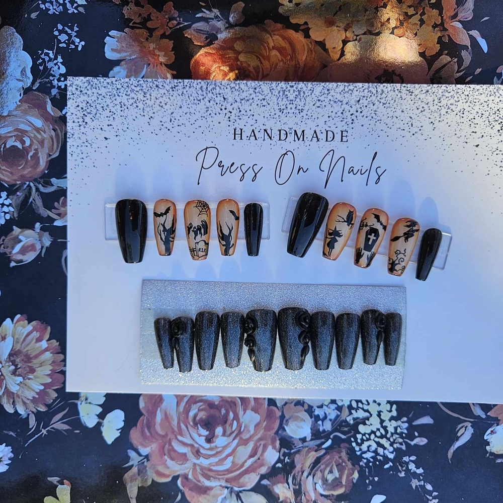 Black and Orange Handmade Press On Nails